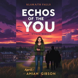 Create a book cover depicting a small town called Klamath Falls with a murder scene in the distance