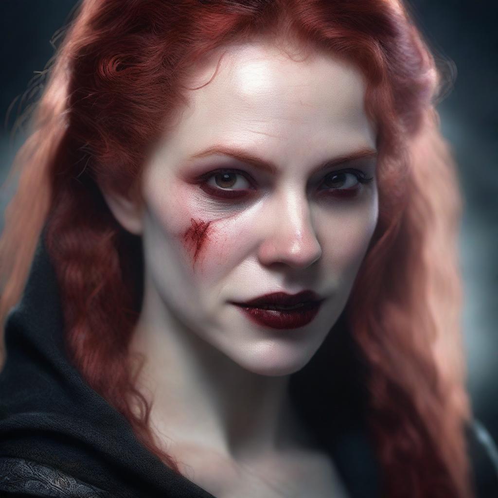 A highly detailed and realistic portrait of a young female vampire with long, messy red hair and striking red eyes