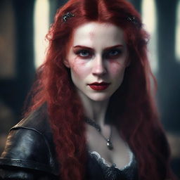 A highly detailed and realistic portrait of a young female vampire with long, messy red hair and striking red eyes