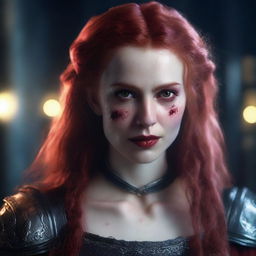 A highly detailed and realistic portrait of a young female vampire with long, messy red hair and striking red eyes