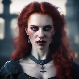 A highly detailed and realistic portrait of a young female vampire with long, messy red hair and striking red eyes