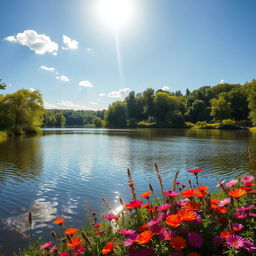 A beautiful and serene landscape featuring a calm lake surrounded by lush green trees and vibrant flowers