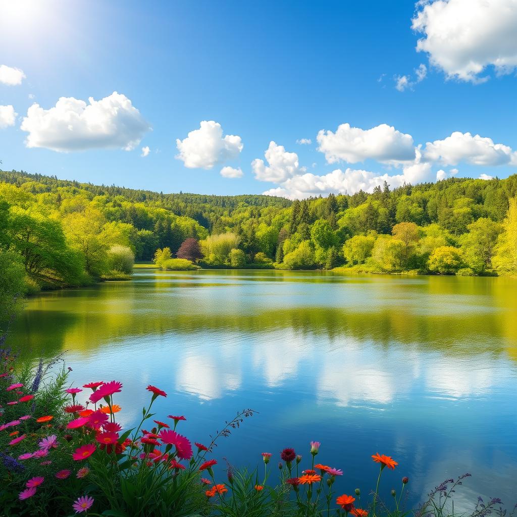 A beautiful and serene landscape featuring a calm lake surrounded by lush green trees and vibrant flowers