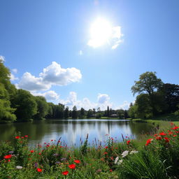 A beautiful and serene landscape featuring a calm lake surrounded by lush green trees and vibrant flowers