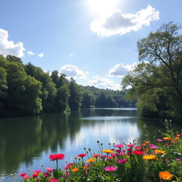 A beautiful and serene landscape featuring a calm lake surrounded by lush green trees and vibrant flowers