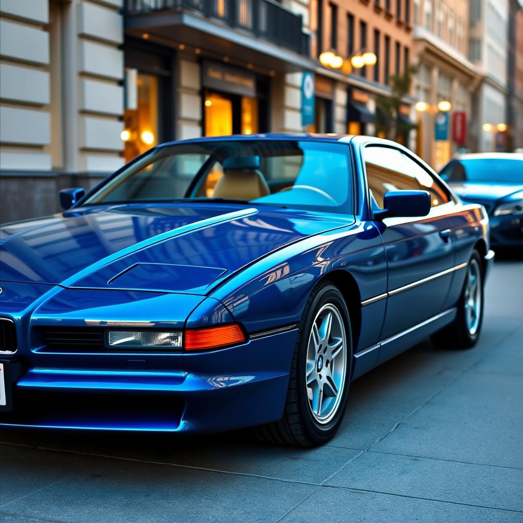 A BMW 850CSi painted in a rich and vibrant china blue color