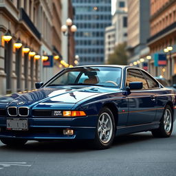 A BMW 850CSi painted in a rich and vibrant china blue color