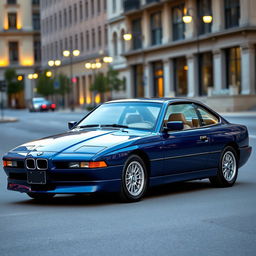 A BMW 850CSi painted in a rich and vibrant china blue color