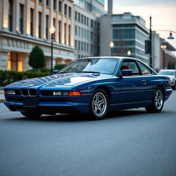 A BMW 850CSi painted in a rich and vibrant china blue color