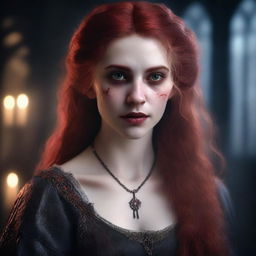 A highly detailed and realistic portrait of a 20-year-old female vampire with long, messy red hair and striking red eyes