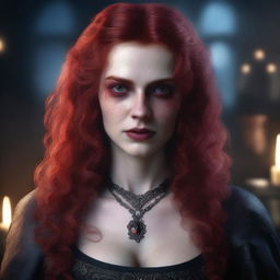 A highly detailed and realistic portrait of a 20-year-old female vampire with long, messy red hair and striking red eyes