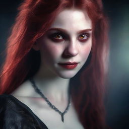 A highly detailed and realistic portrait of a 20-year-old female vampire with long, messy red hair and striking red eyes