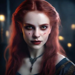 A highly detailed and realistic portrait of a 20-year-old female vampire with long, messy red hair and striking red eyes