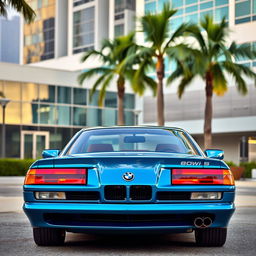 A BMW 850CSi painted in a striking Miami blue color