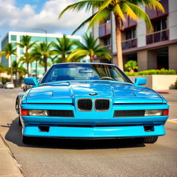 A BMW 850CSi painted in a striking Miami blue color