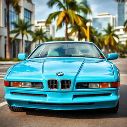 A BMW 850CSi painted in a striking Miami blue color