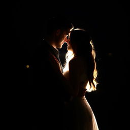 A romantic couple standing close together in the dark, illuminated by soft, warm light