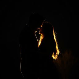 A romantic couple standing close together in the dark, illuminated by soft, warm light