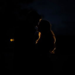 A romantic couple standing close together in the dark, illuminated by soft, warm light