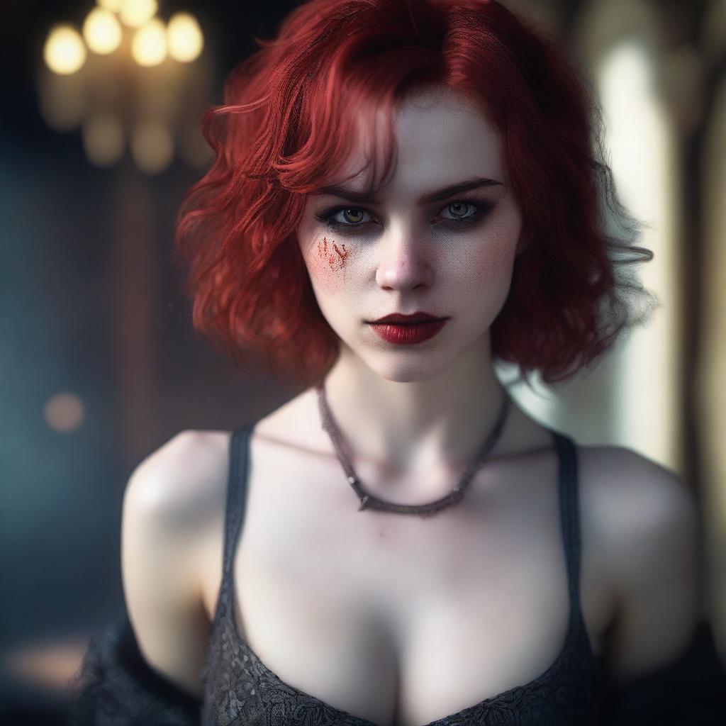 A highly detailed and realistic portrait of a 20-year-old female vampire with short red hair and striking red eyes