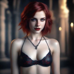 A highly detailed and realistic portrait of a 20-year-old female vampire with short red hair and striking red eyes