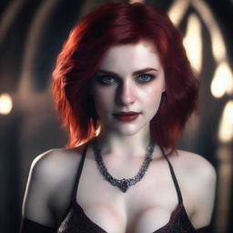 A highly detailed and realistic portrait of a 20-year-old female vampire with short red hair and striking red eyes