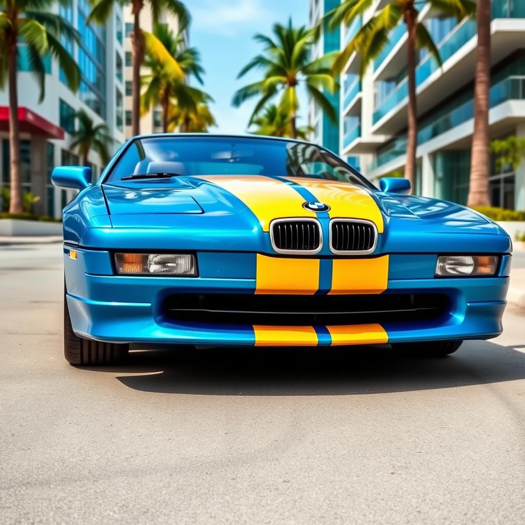 A BMW 850CSi painted in a striking Miami blue color with bold yellow stripes running along its body