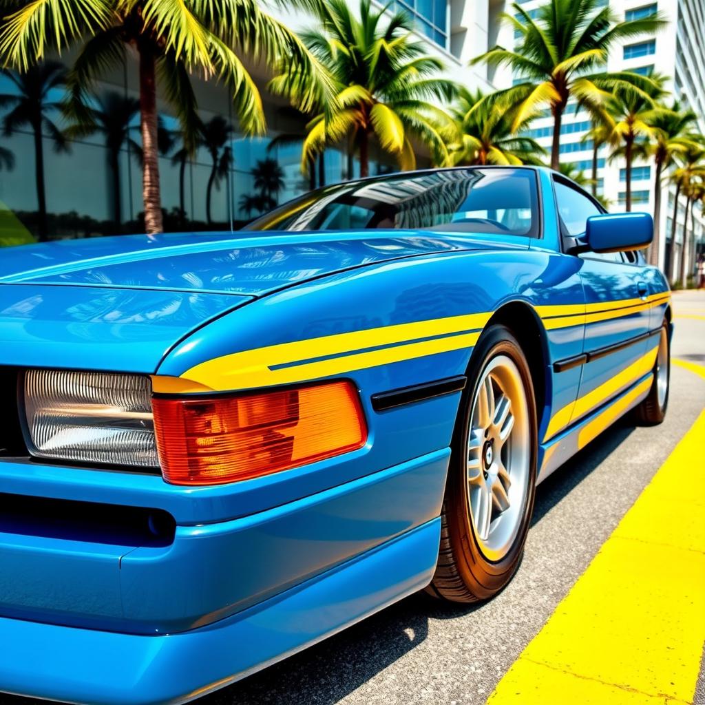 A BMW 850CSi painted in a striking Miami blue color with bold yellow stripes running along its body