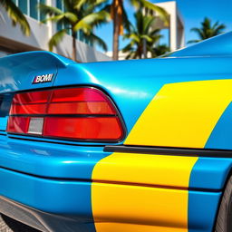 A BMW 850CSi painted in a striking Miami blue color with bold yellow stripes running along its body