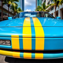 A BMW 850CSi painted in a striking Miami blue color with bold yellow stripes running along its body