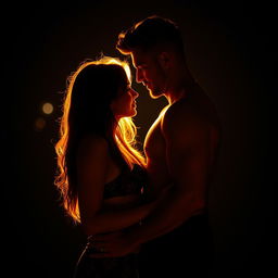 A hot and romantic couple standing close together in the dark, illuminated by soft, warm light