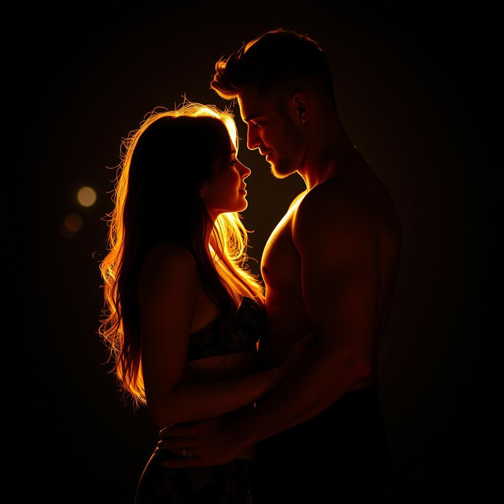 A hot and romantic couple standing close together in the dark, illuminated by soft, warm light
