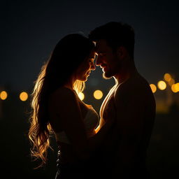 A hot and romantic couple standing close together in the dark, illuminated by soft, warm light