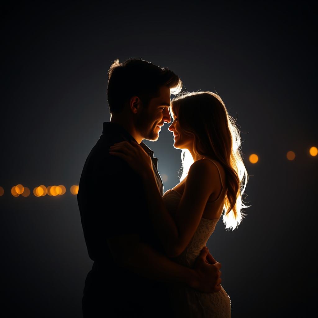 A hot and romantic couple standing close together in the dark, illuminated by soft, warm light