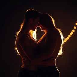 A hot and romantic couple standing close together in the dark, illuminated by soft, warm light