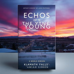 Create an aesthetically pleasing book cover depicting a small town called Klamath Falls with a murder scene in the distance