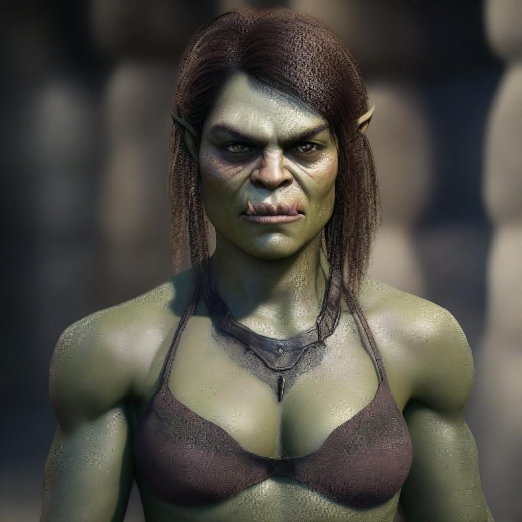 A highly detailed and realistic portrait of a 20-year-old female orc with short brown hair and striking green eyes