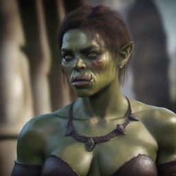 A highly detailed and realistic portrait of a 20-year-old female orc with short brown hair and striking green eyes