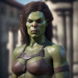 A highly detailed and realistic portrait of a 20-year-old female orc with short brown hair and striking green eyes