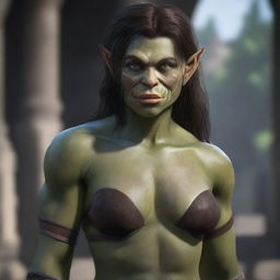 A highly detailed and realistic portrait of a 20-year-old female orc with short brown hair and striking green eyes