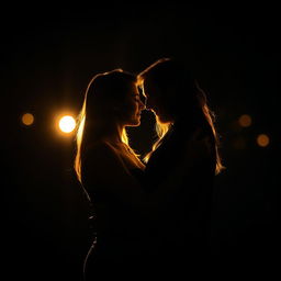 A hot and romantic couple standing close together in the dark background, illuminated by soft, warm light