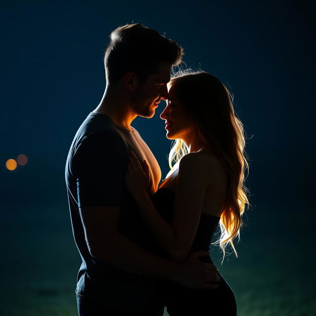 A hot and romantic couple standing close together in the dark background, illuminated by soft, warm light