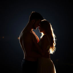 A hot and romantic couple standing close together in the dark background, illuminated by soft, warm light