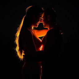 A hot and romantic couple standing close together in the dark background, illuminated by soft, warm light