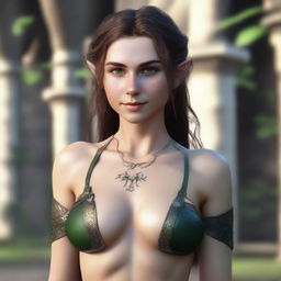 A highly detailed and realistic portrait of a fit 20-year-old female elf with medium-length brown hair and striking green eyes