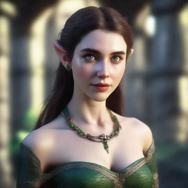 A highly detailed and realistic portrait of a fit 20-year-old female elf with medium-length brown hair and striking green eyes