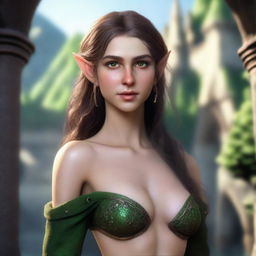 A highly detailed and realistic portrait of a fit 20-year-old female elf with medium-length brown hair and striking green eyes