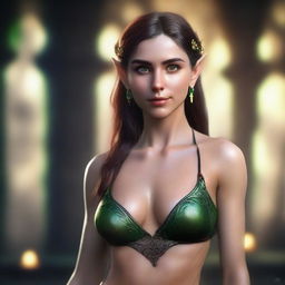 A highly detailed and realistic portrait of a fit 20-year-old female elf with medium-length brown hair and striking green eyes