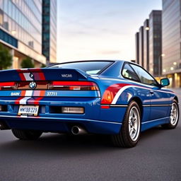 A BMW 850CSi painted in a vibrant Miami blue color with bold red and white stripes running along its body