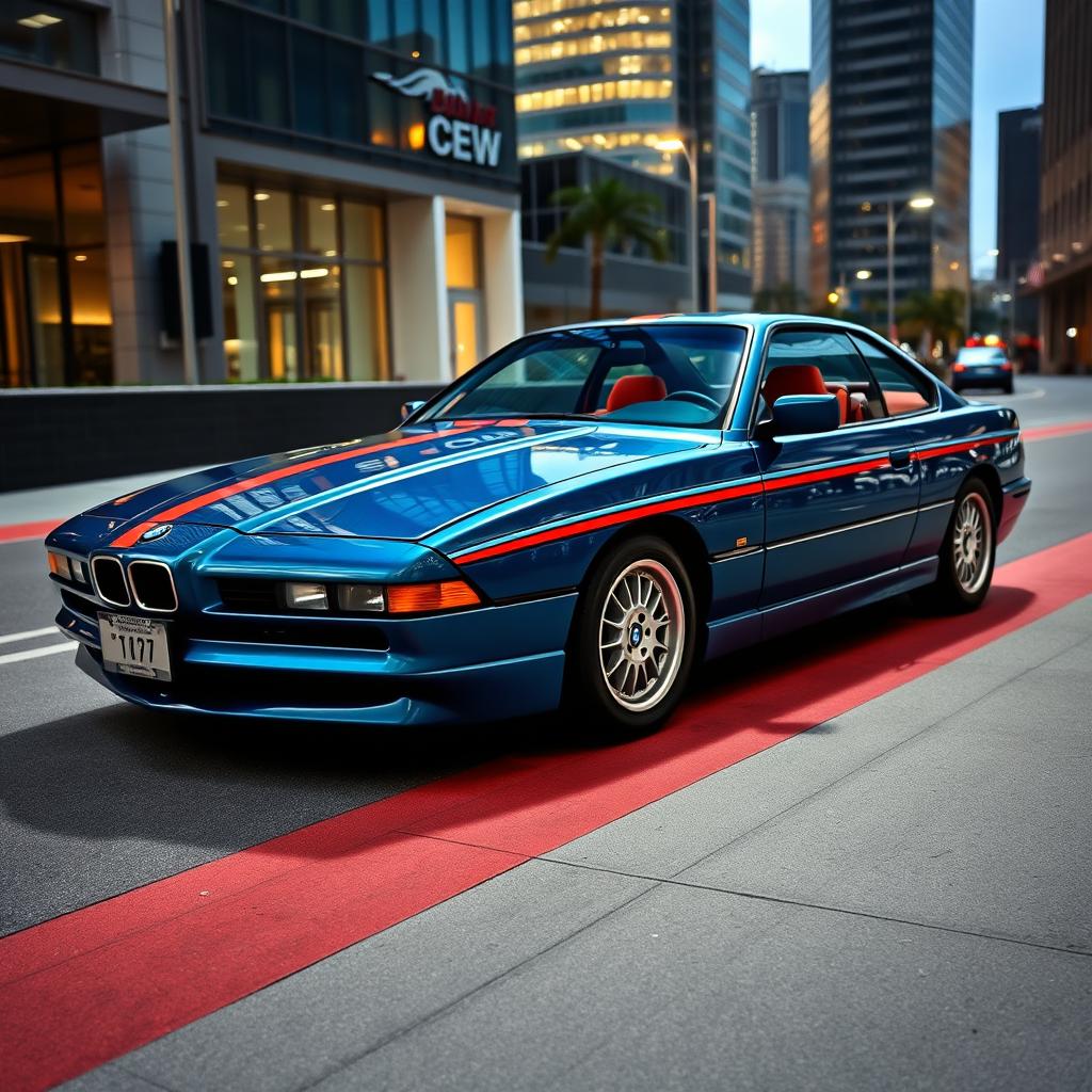 A BMW 850CSi painted in a vibrant Miami blue color with bold red and white stripes running along its body